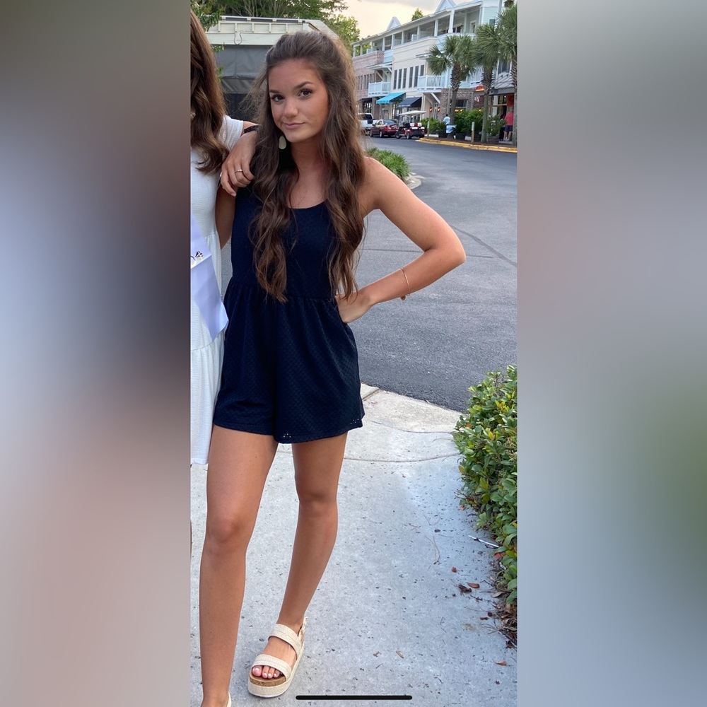 Navy Eyelet Romper with pockets